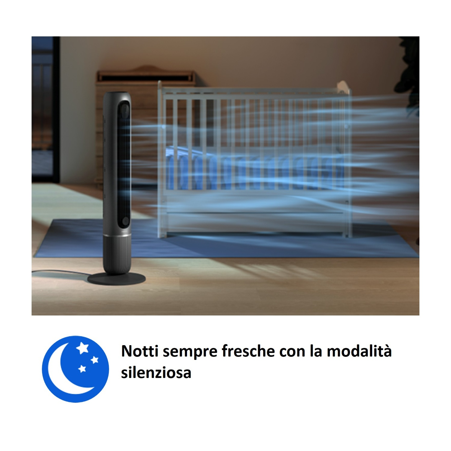 Un ventilatore a torre sottile soffia aria in una cameretta con una culla.