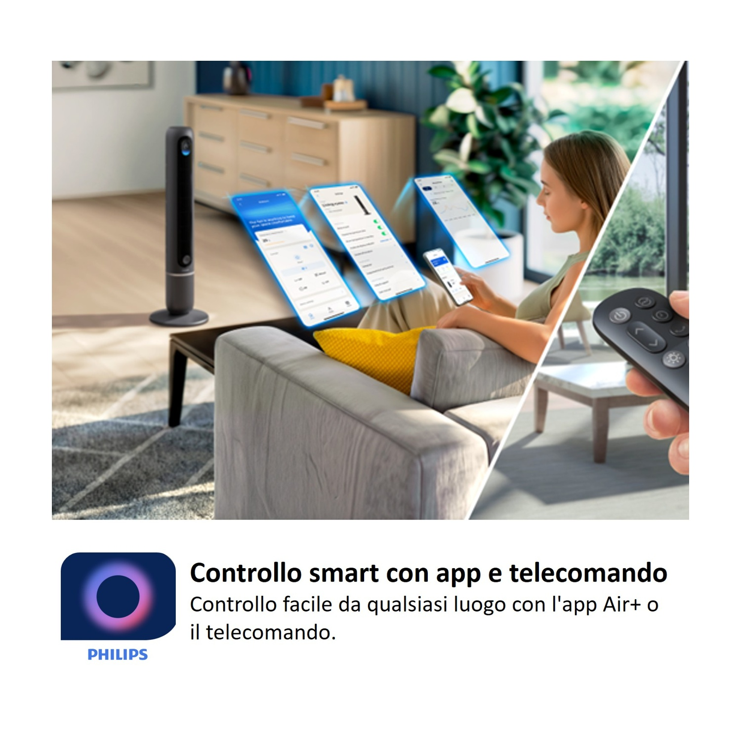 Un ventilatore a torre elegante accanto a un divano, controllato via app e telecomando.