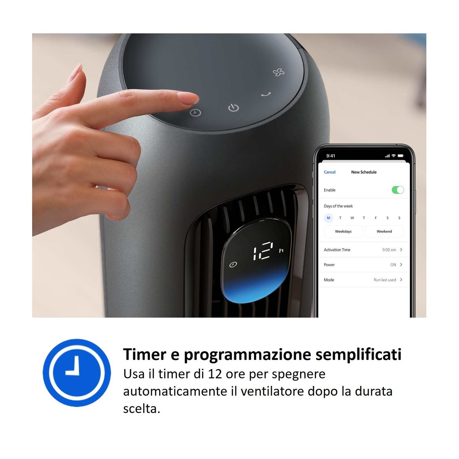 Un dito preme un ventilatore. Un'app mostra le impostazioni di pianificazione.