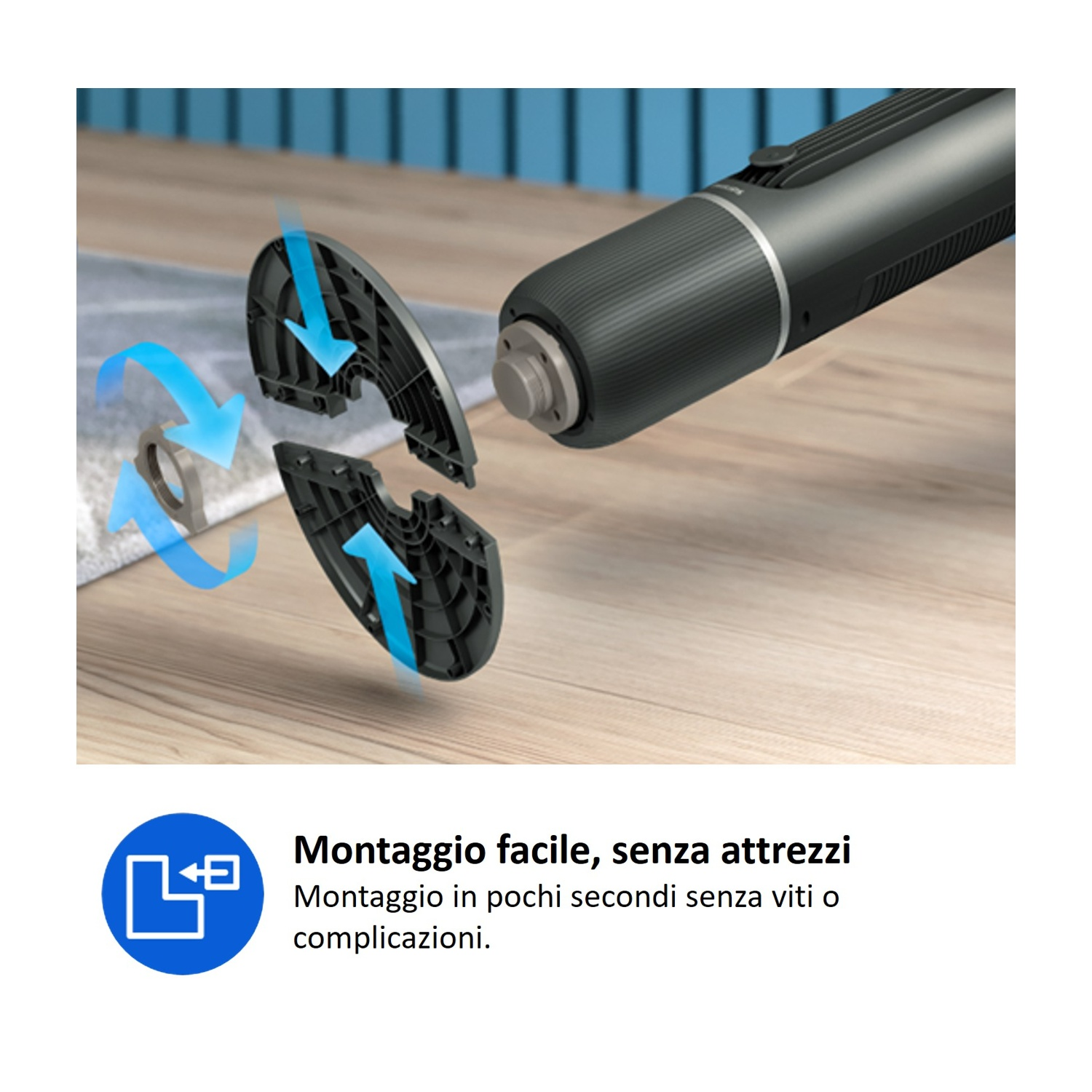 Un aspirapolvere nero portatile viene mostrato mentre viene assemblato. Frecce blu indicano l'assemblaggio.