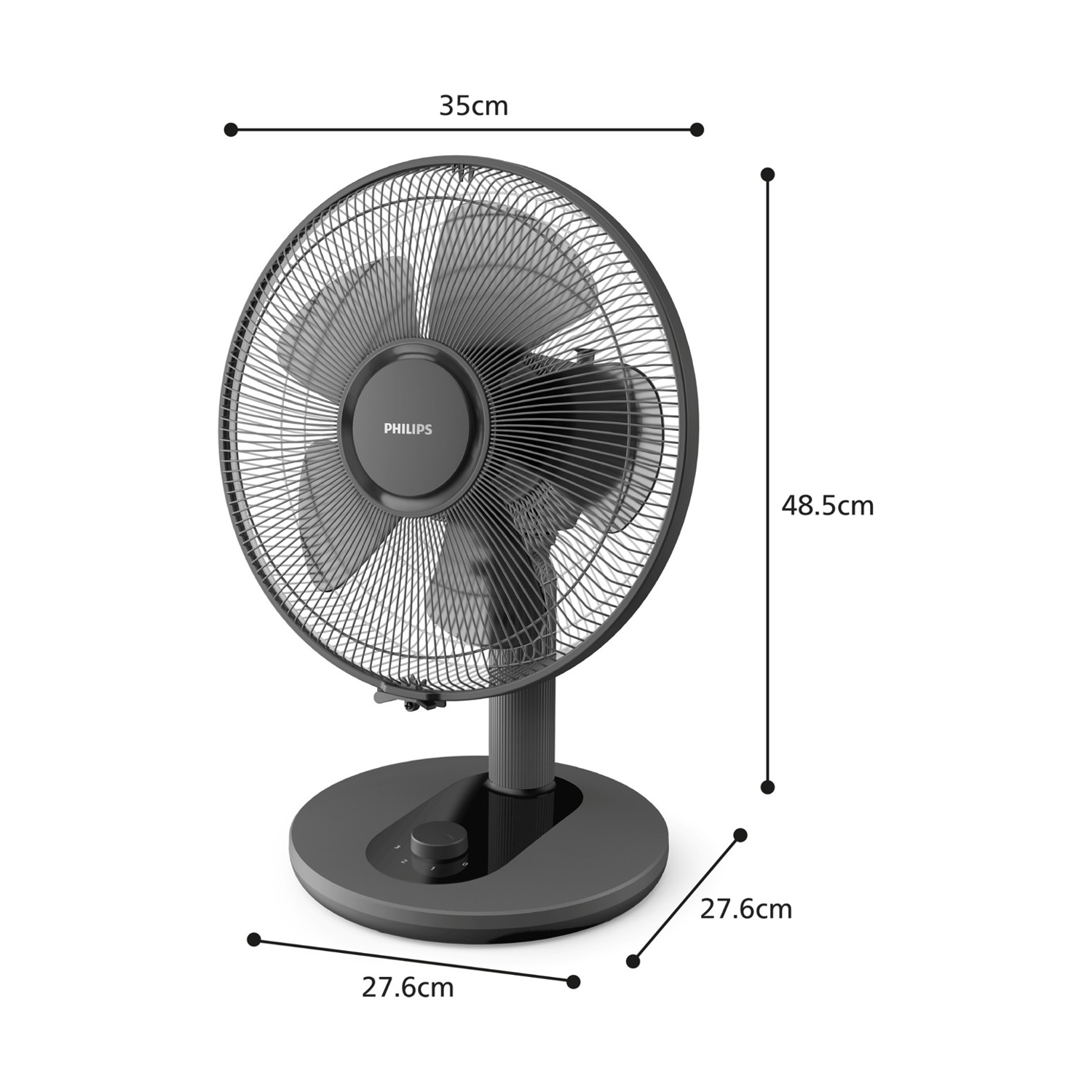 Un ventilatore da tavolo Philips grigio scuro, dimensioni 35x48.5x27.6cm.