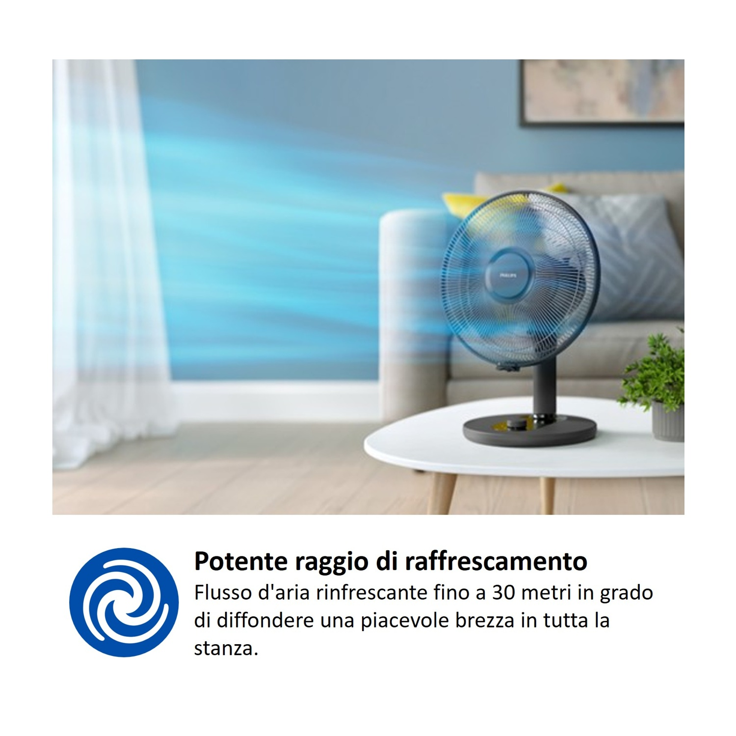 Un ventilatore nero su un tavolo genera un flusso d'aria blu in un soggiorno.