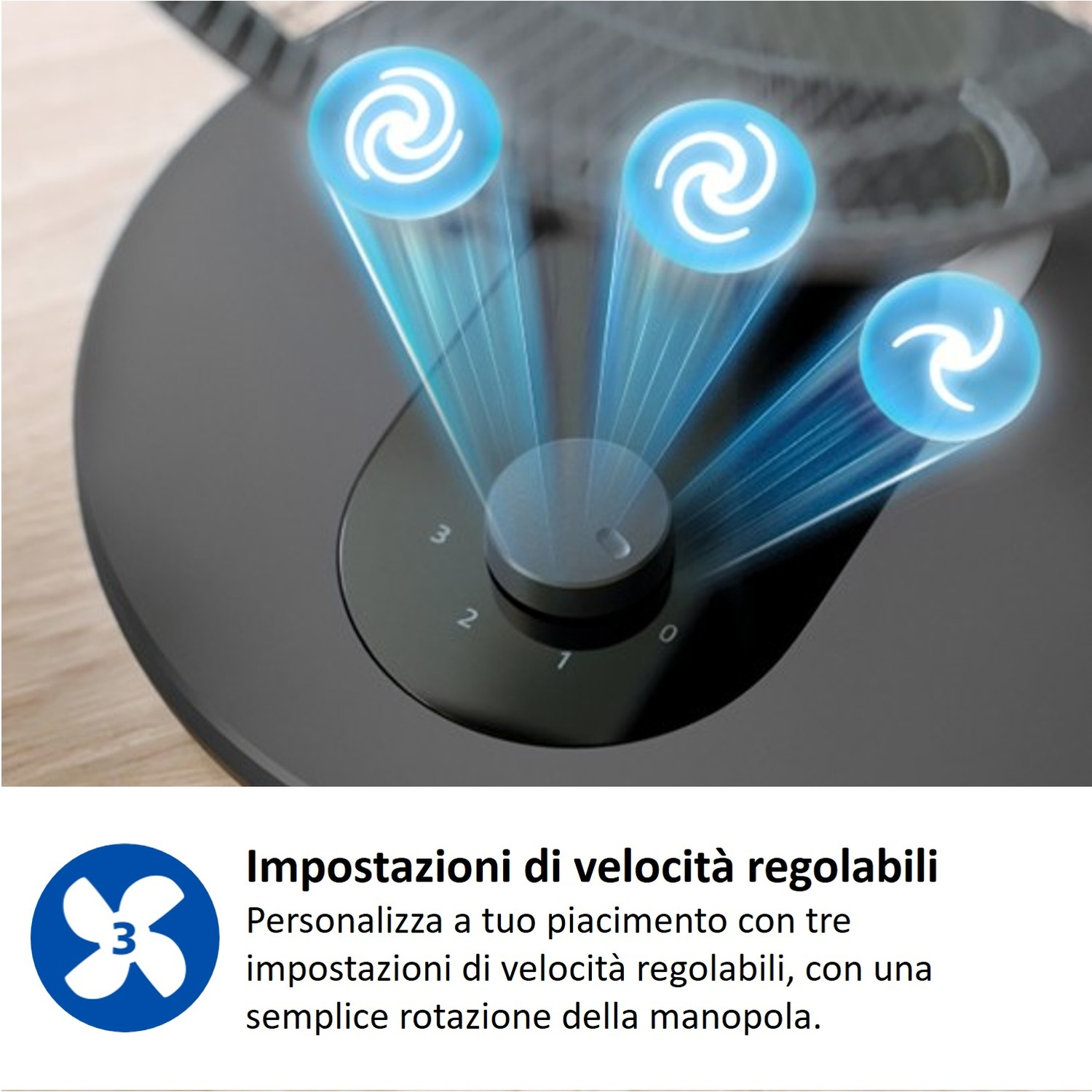 Una manopola con tre icone a spirale blu che indicano le impostazioni di velocità.