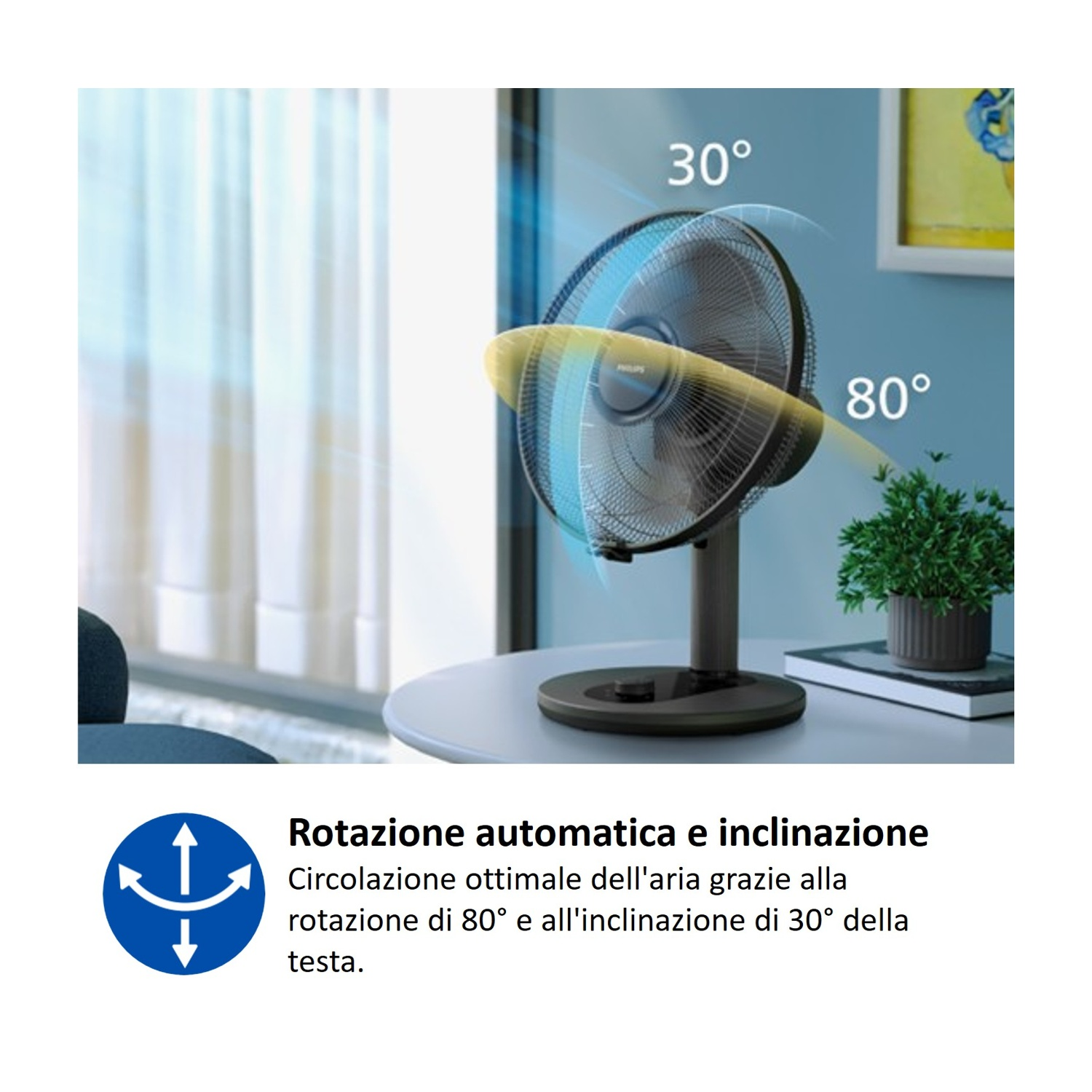 Un ventilatore nero su un tavolo, che ruota di 80° e si inclina di 30°.