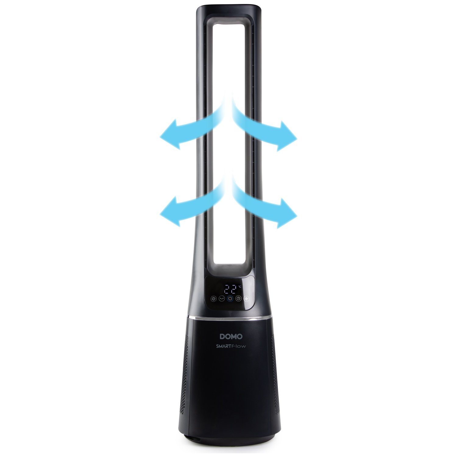 Een slanke zwarte torenventilator met blauwe pijlen die luchtstroom aangeven.