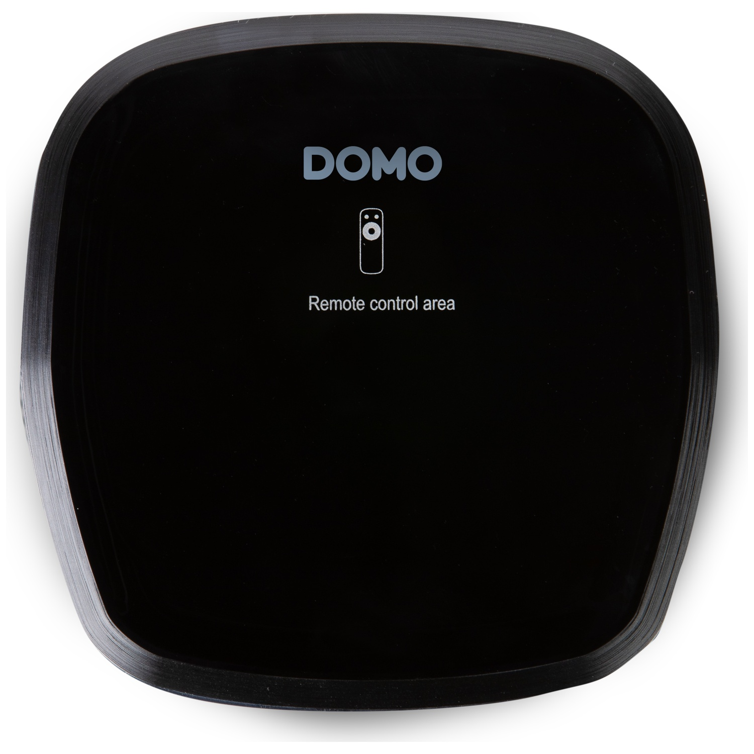 Zwart DOMO apparaat met afstandsbedieningsicoon en tekst.