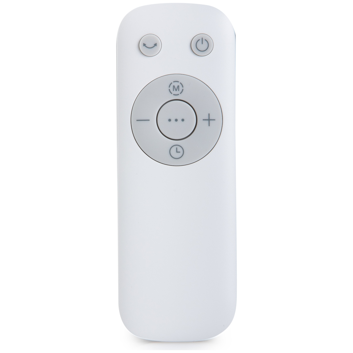 Een witte afstandsbediening met grijze knoppen voor aan/uit, modus, volume en timer.