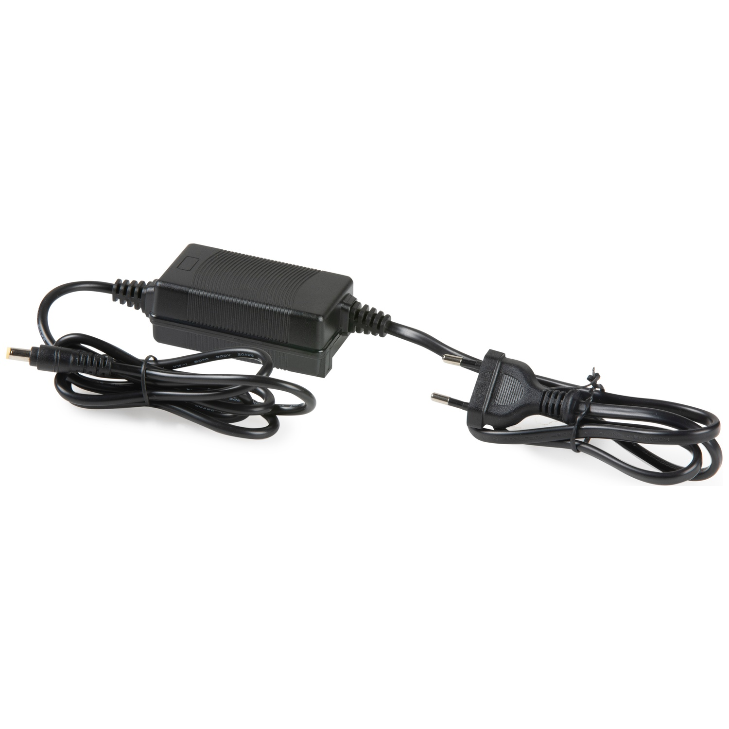 Zwarte voedingsadapter met kabel en stekker.