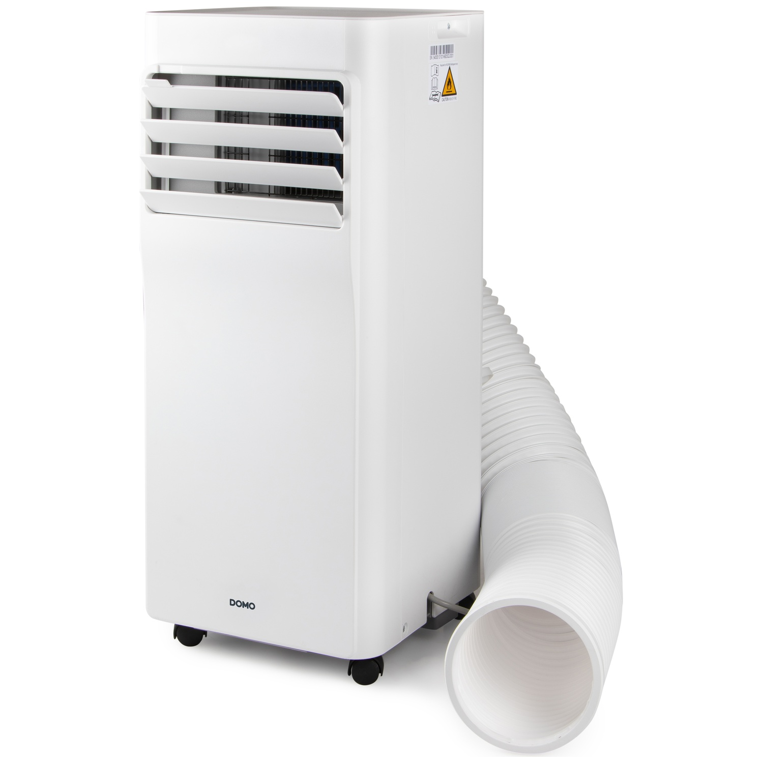 Een witte draagbare airconditioner toren met flexibele afvoerslang.