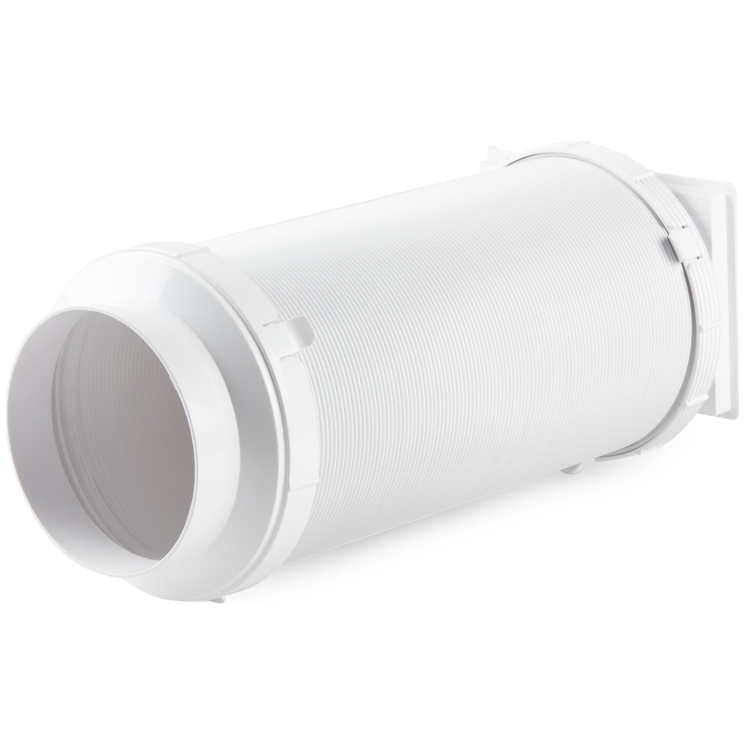 Een witte, flexibele ventilatieslang met geribbelde textuur en connector.