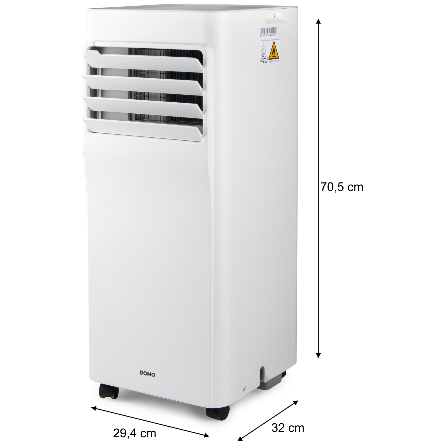 Een witte, mobiele airconditioner met wielen. Afmetingen: 70,5 x 29,4 x 32 cm.