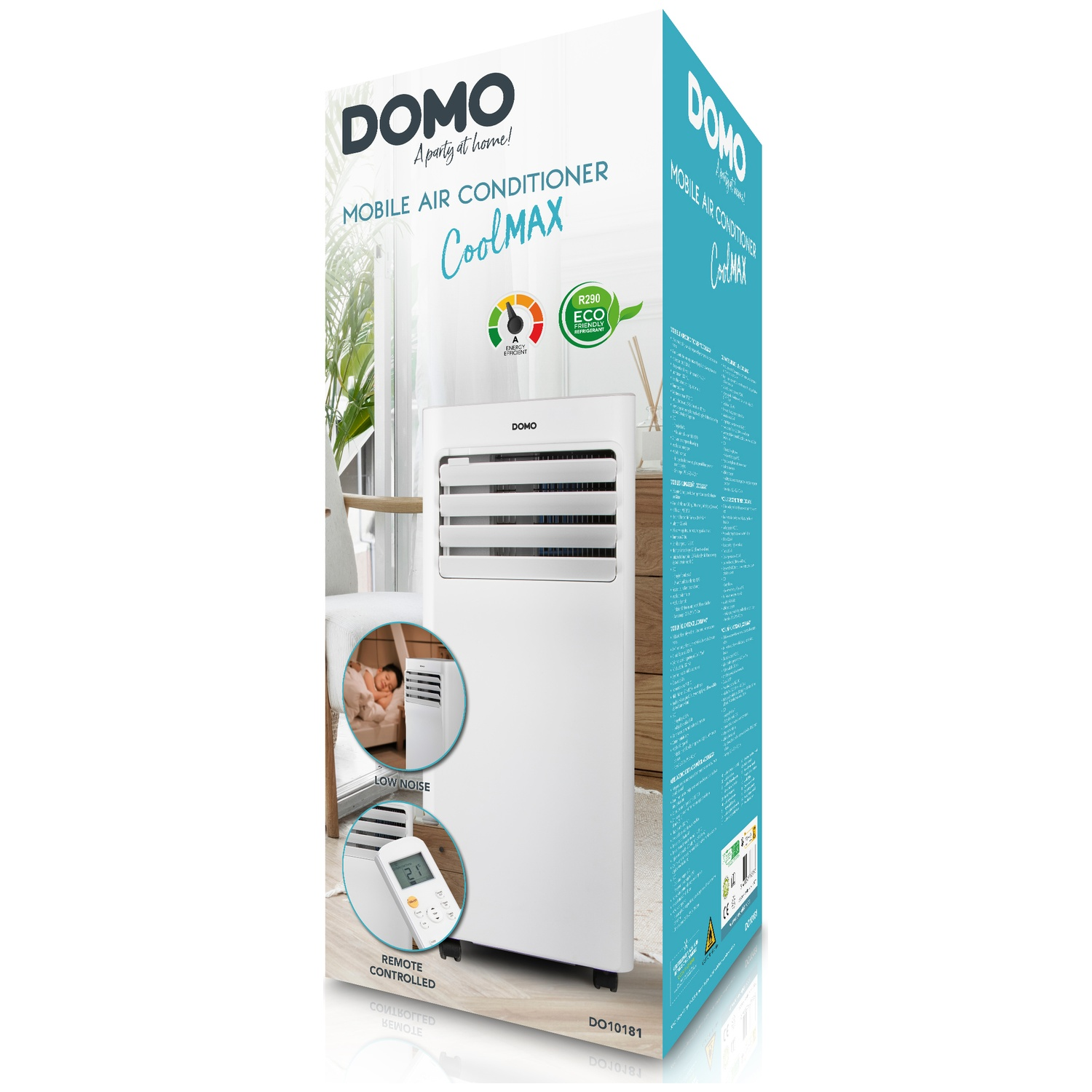 Witte DOMO CoolMAX mobiele airconditioner met afstandsbediening en energiebesparend icoon.