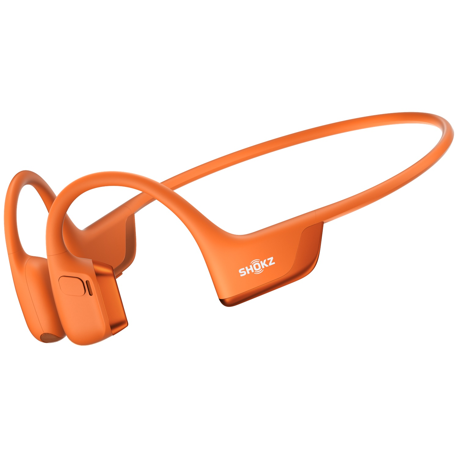 Een oranje botgeleidingsheadset met SHOKZ-logo.
