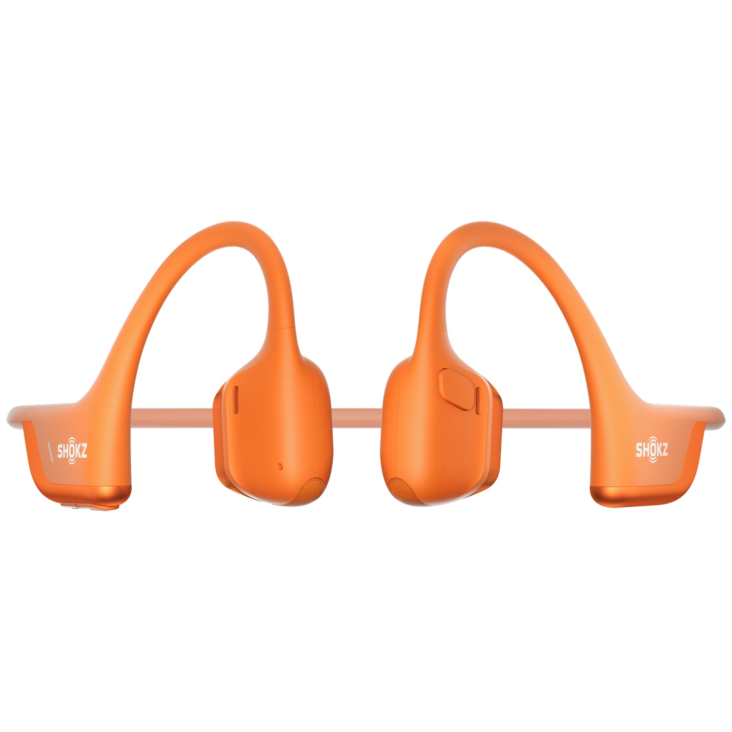 Oranje koptelefoon met "SHOKZ" logo op witte achtergrond.