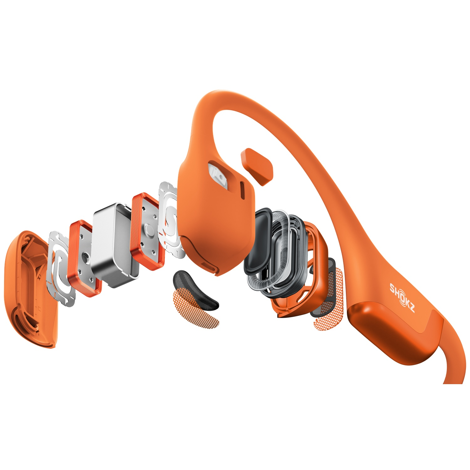 Explosie van een oranje koptelefoon die de interne componenten toont.
