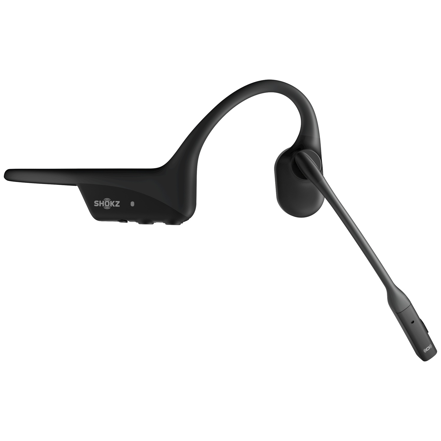 Zwarte Shokz botgeleidende koptelefoon met microfoonarm op witte achtergrond.