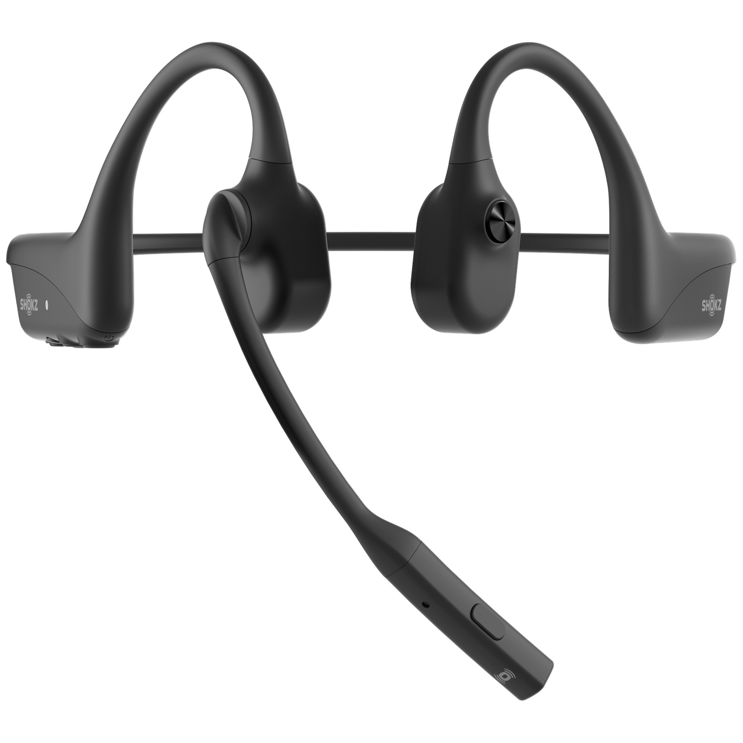 Zwarte Shokz botgeleiding koptelefoon met microfoonarm.
