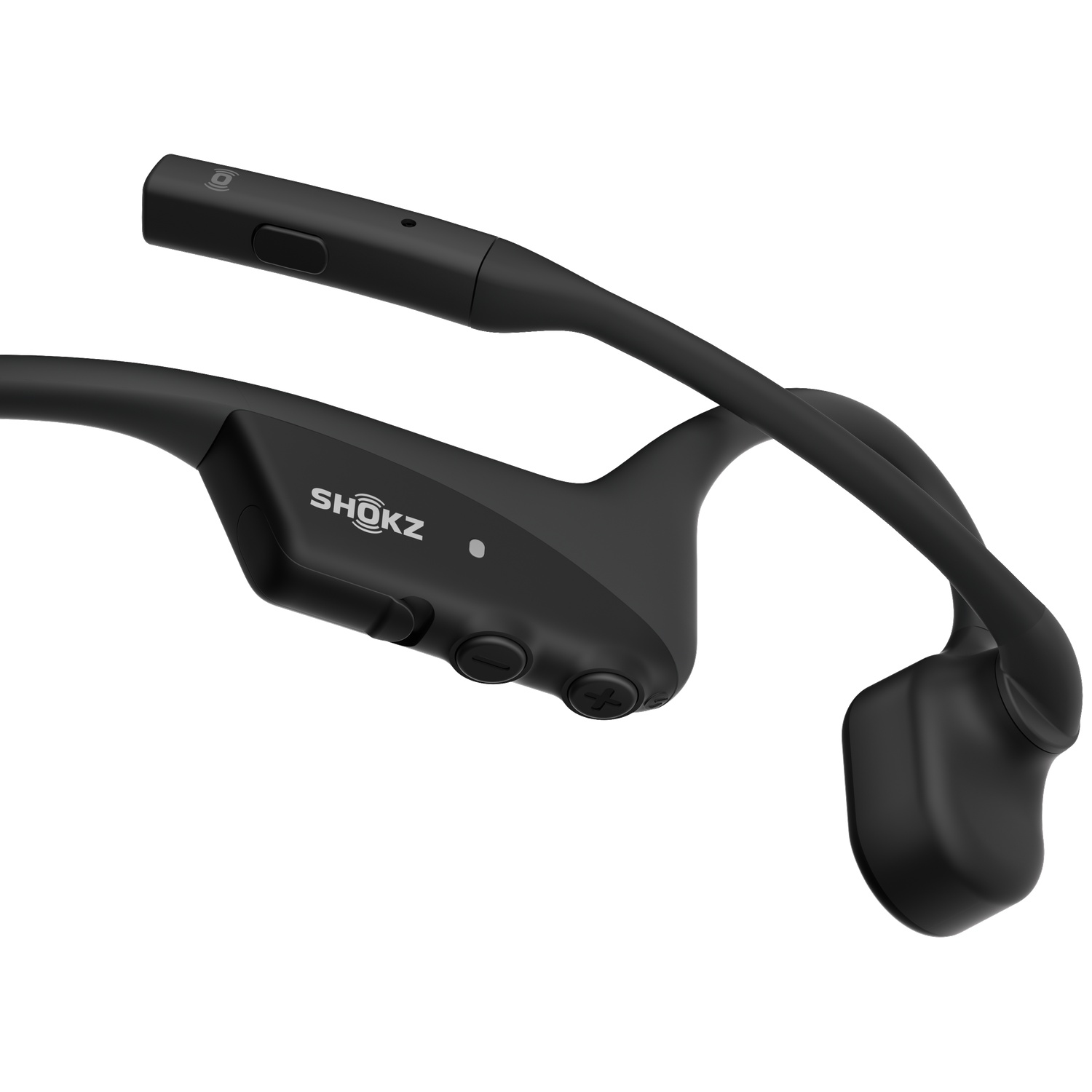 Zwarte Shokz koptelefoon met hoofdband en bedieningselementen.