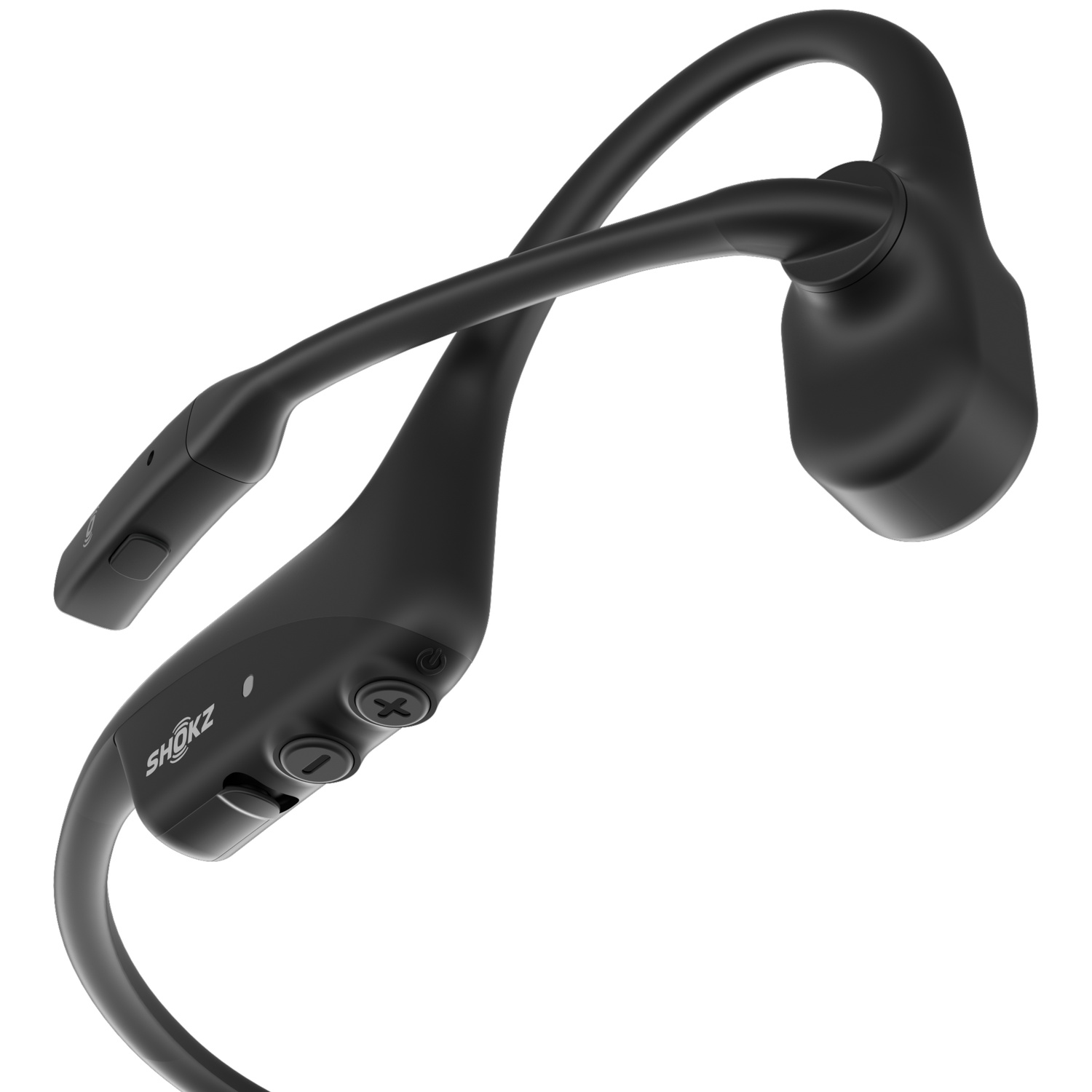 Zwarte bone conduction koptelefoon met Shokz logo en knoppen.