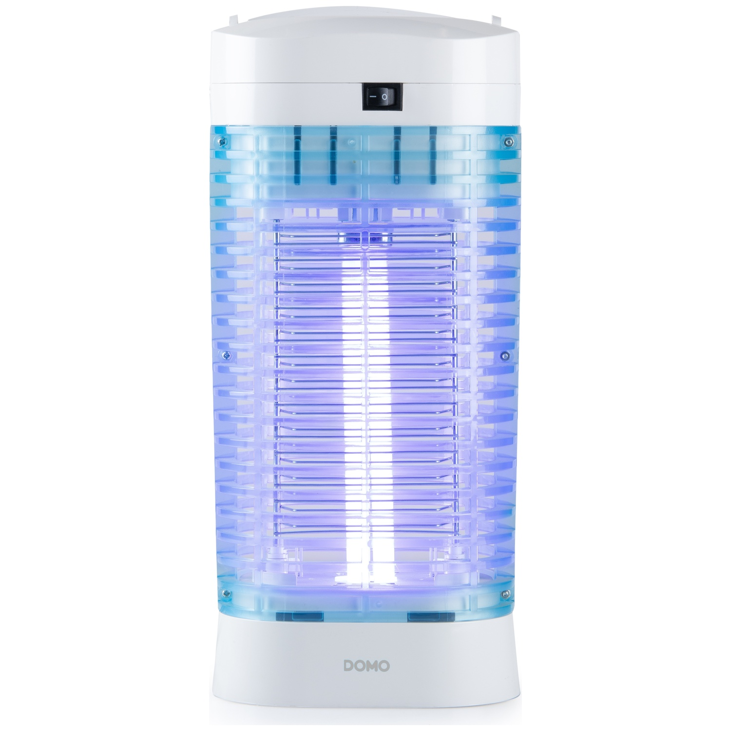 Un destructeur d'insectes cylindrique blanc et bleu avec une lumière violette brillante à l'intérieur, debout sur un fond blanc.