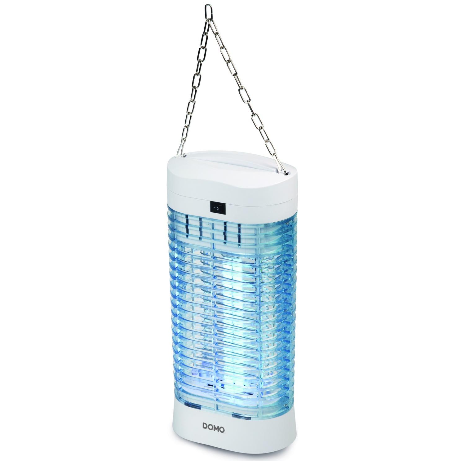 Lampe anti-insectes blanche à lumière bleue, suspendue à une chaîne.
