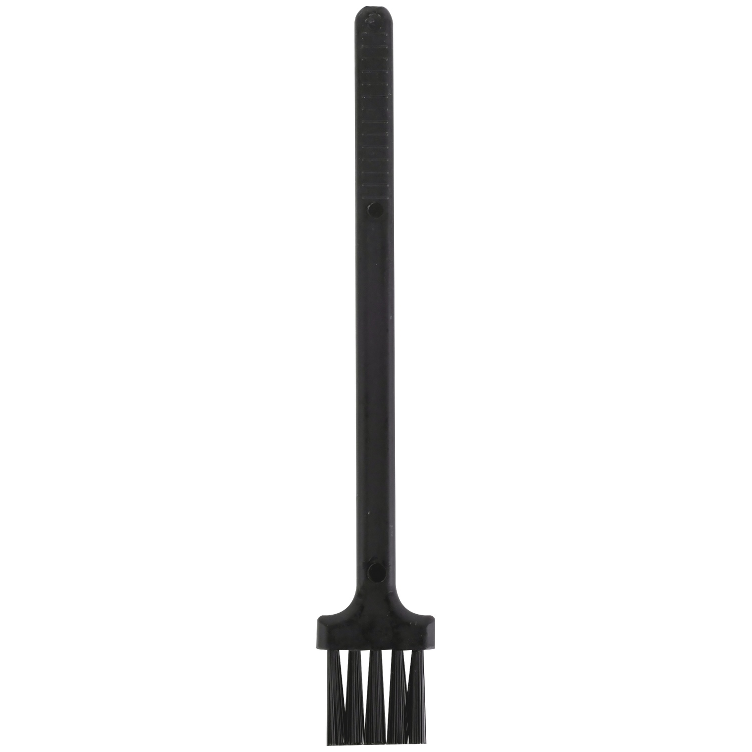 Une brosse noire avec manche et tête étroite sur fond blanc.