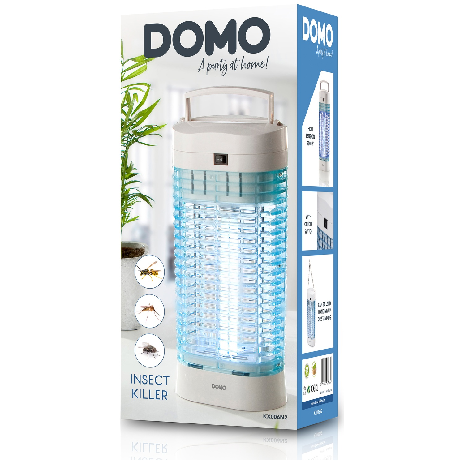Un destructeur d'insectes DOMO avec lumière bleue, corps blanc et poignée.