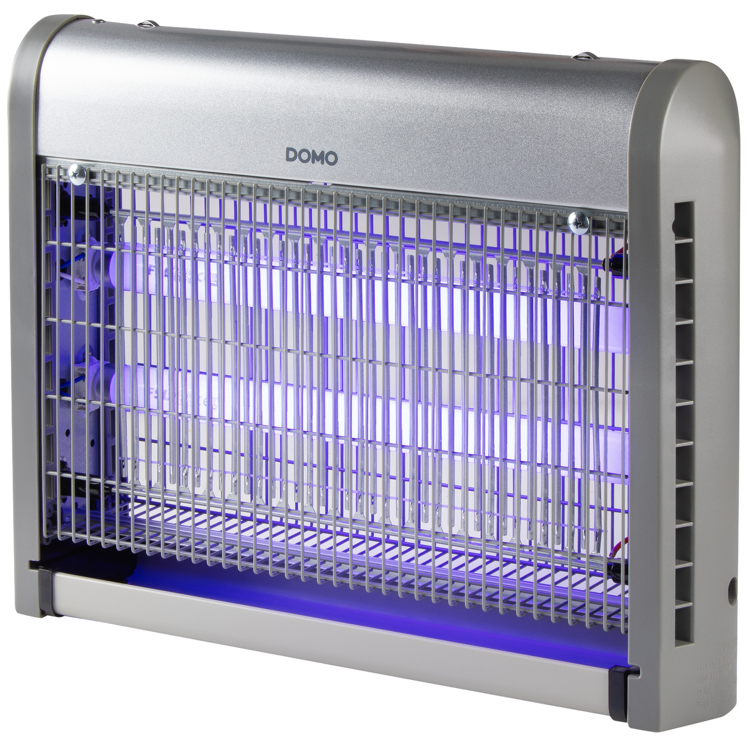 Zilveren Domo insectenlamp met blauwe UV-lampen, op zwarte achtergrond.