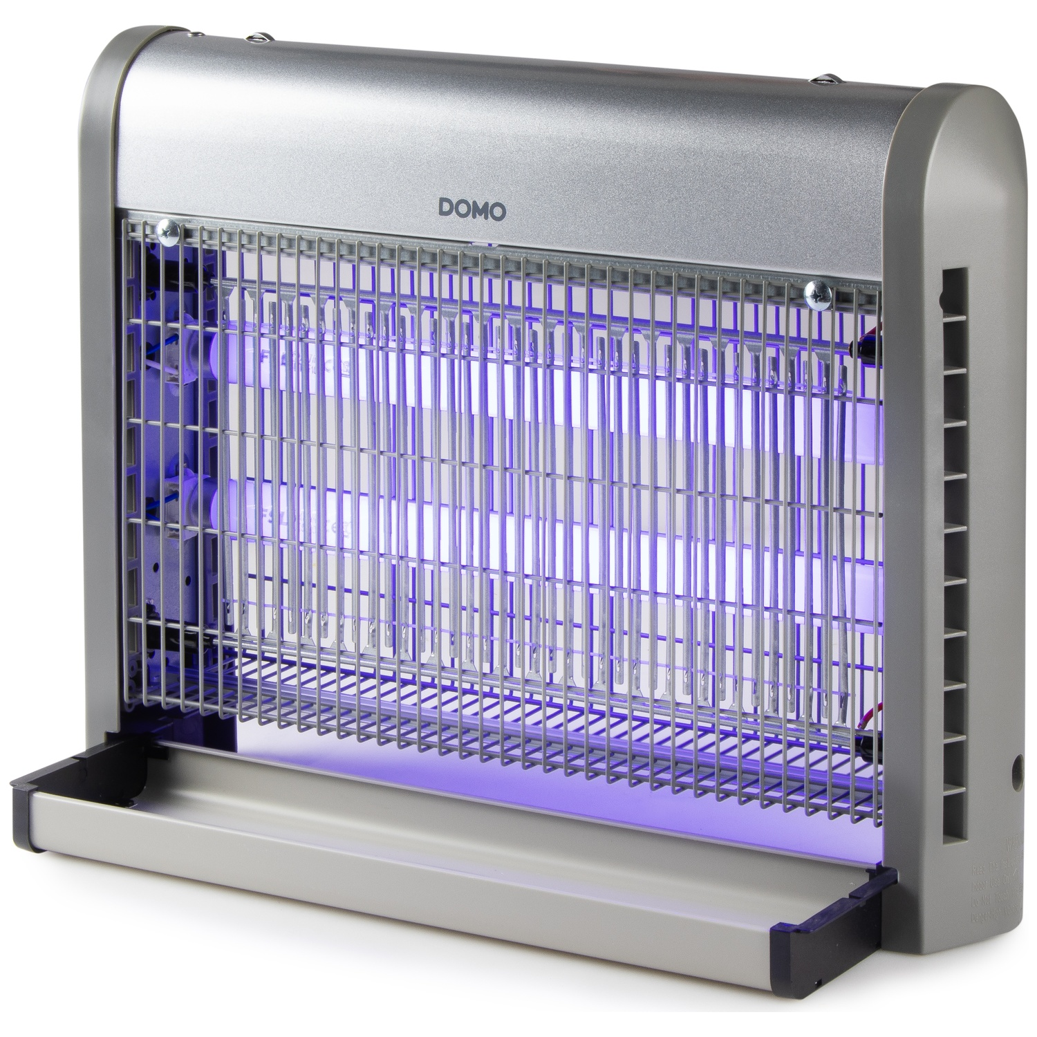 Zilveren insectendoder met blauwe UV-buizen en opvangbak.