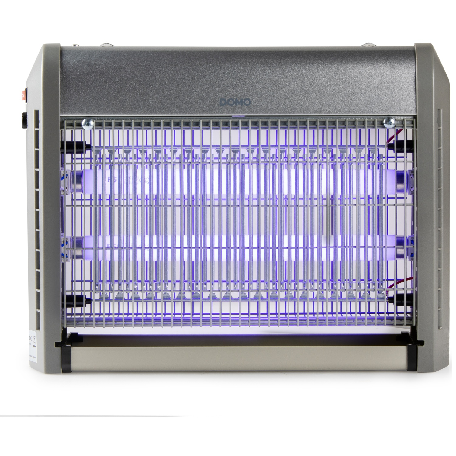 Een grijze insectendoder met blauwe UV-lichtbuizen, vooraanzicht.