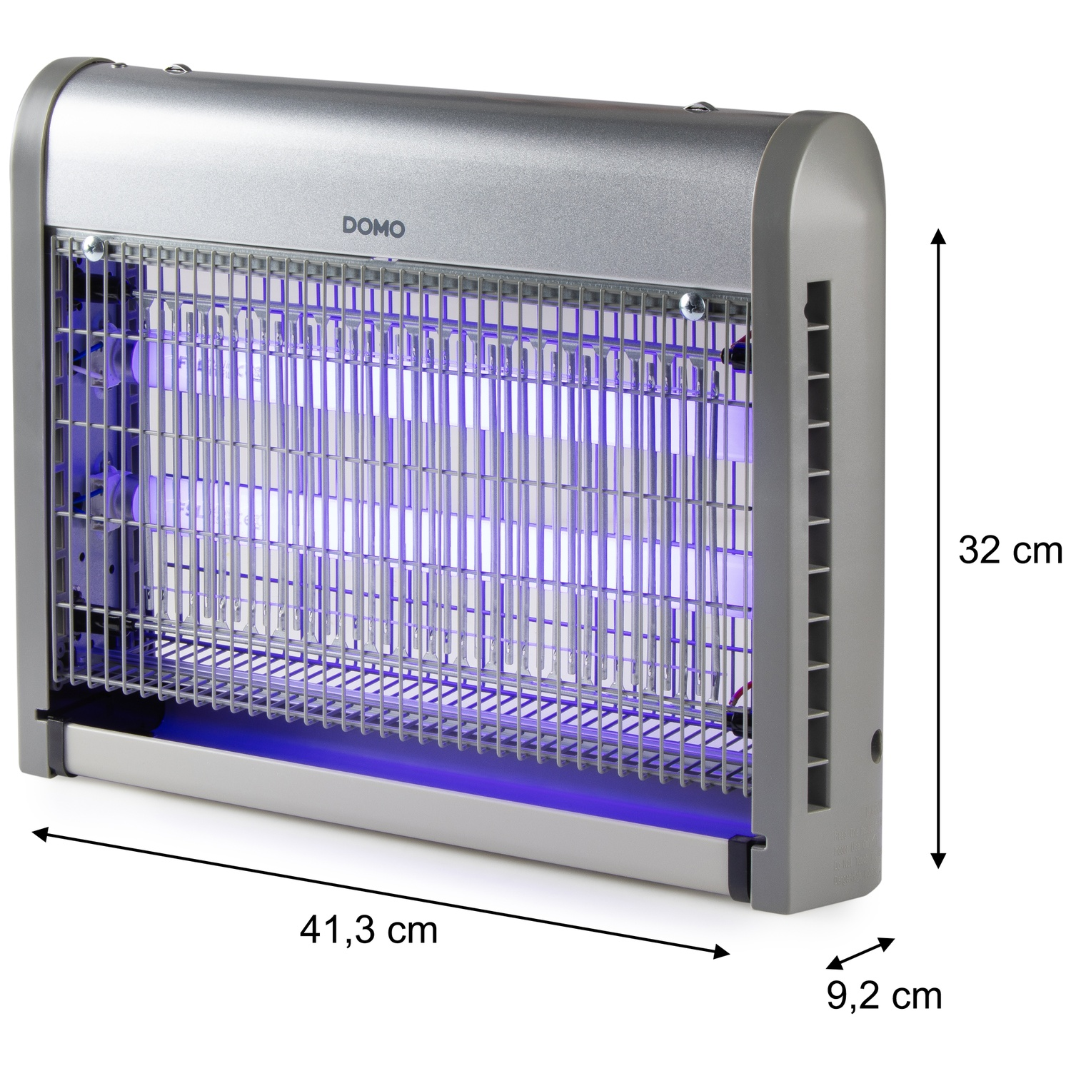 Zilveren insectendoder met blauw UV-licht en afmetingen.