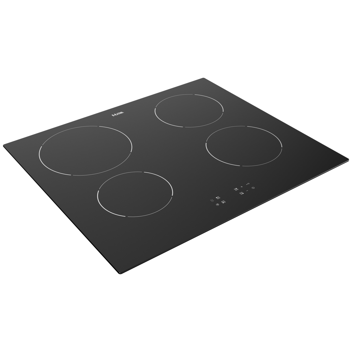 Plaque à induction noire avec quatre zones de cuisson et commandes numériques.