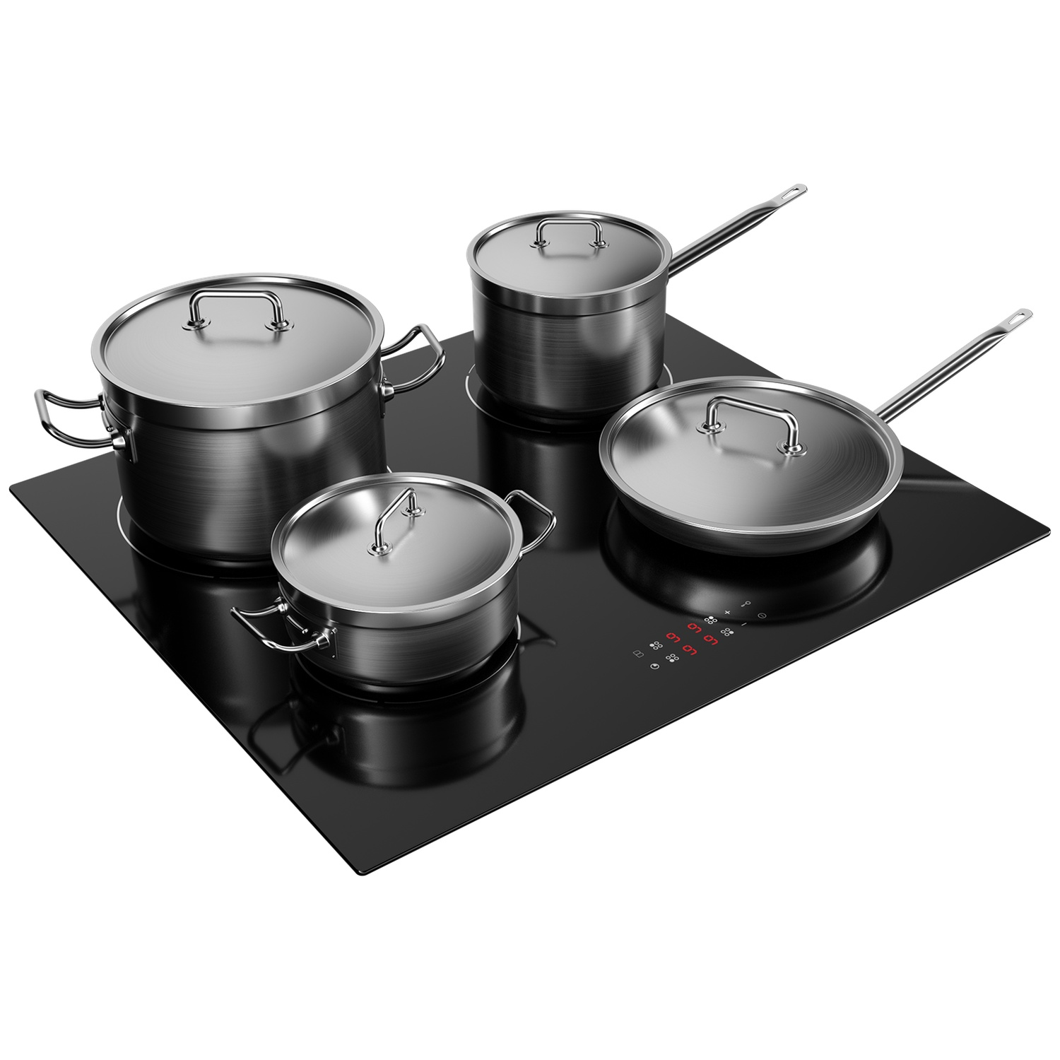 Casseroles et poêle en acier inoxydable sur plaque à induction noire avec commandes rouges.