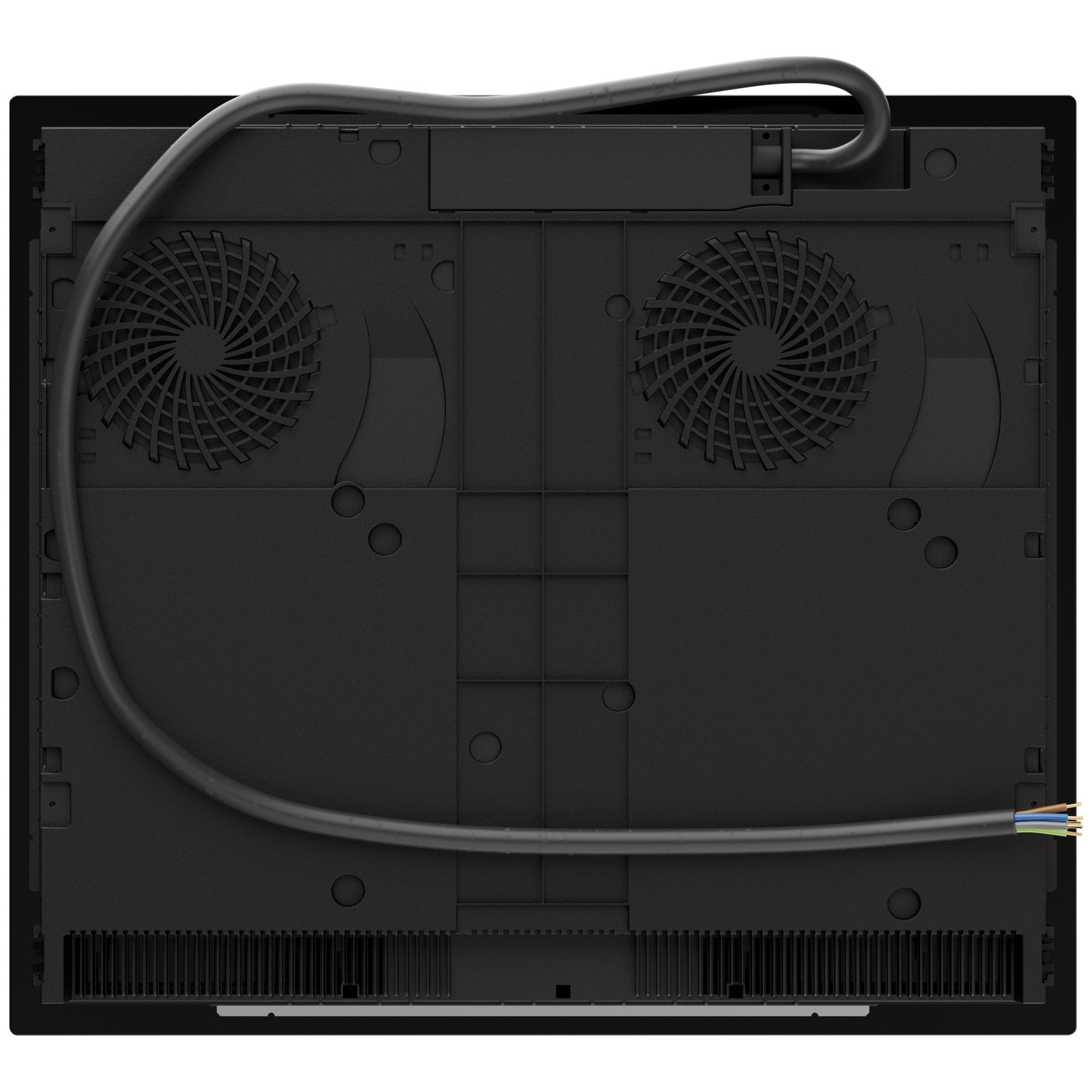 Dessous d'une plaque de cuisson noire avec deux ventilateurs, un câble et des fentes.