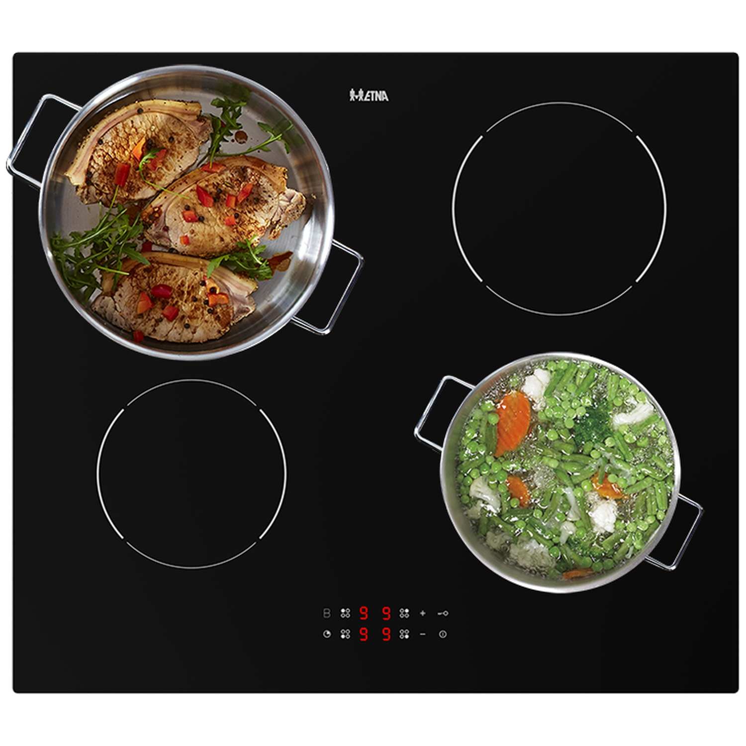 Plaque de cuisson avec viande saisie et légumes, logo Etna.