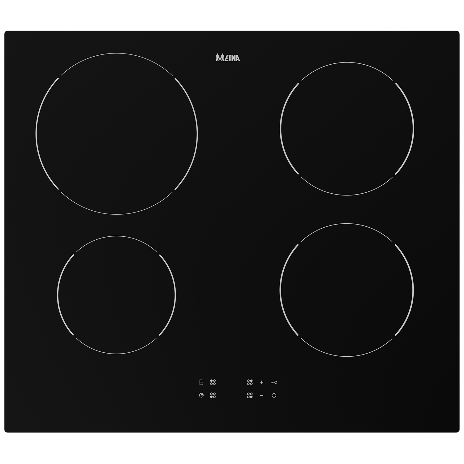Plaque vitrocéramique noire avec quatre zones de cuisson et commandes tactiles.