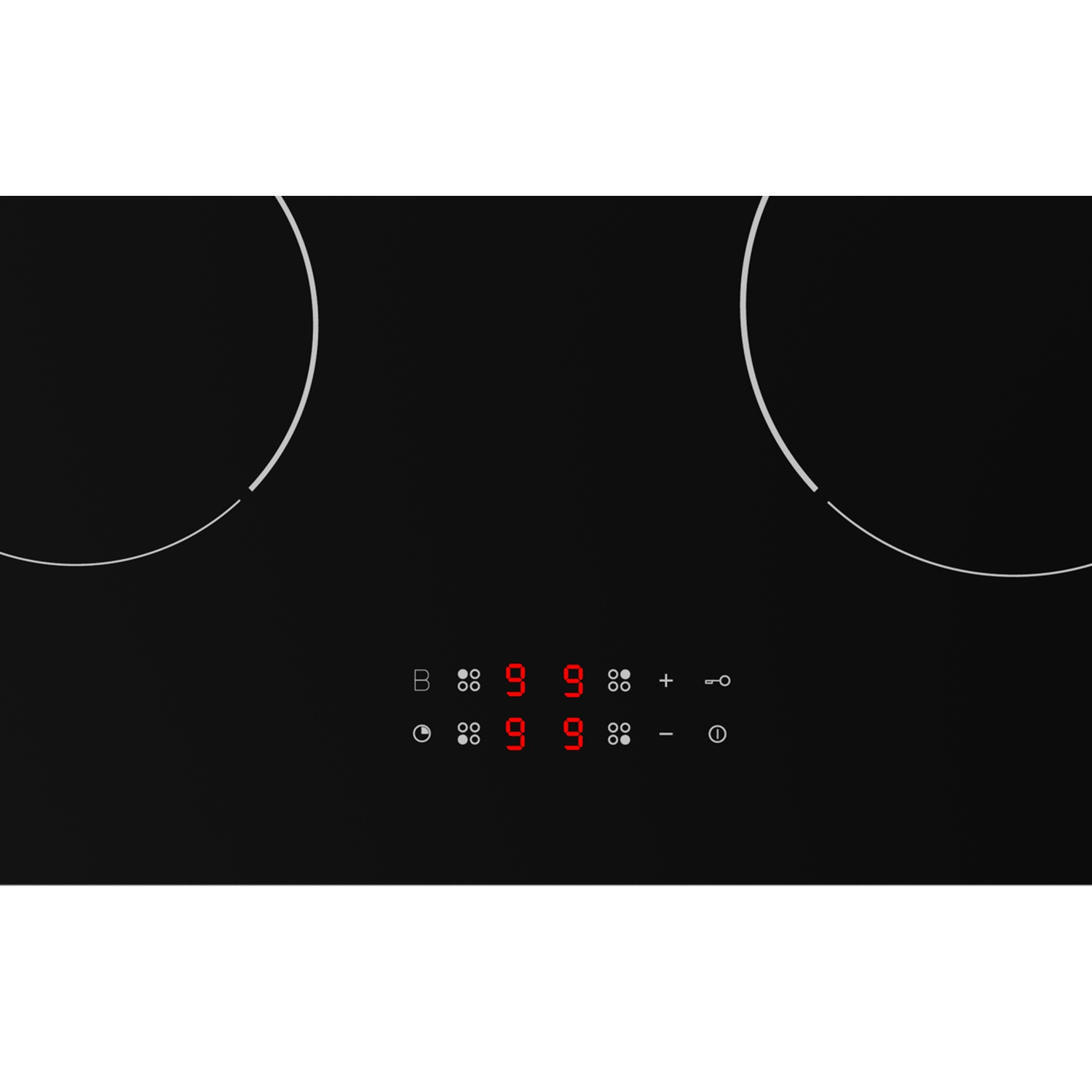 Plaque à induction noire avec deux zones de cuisson et affichage numérique rouge.