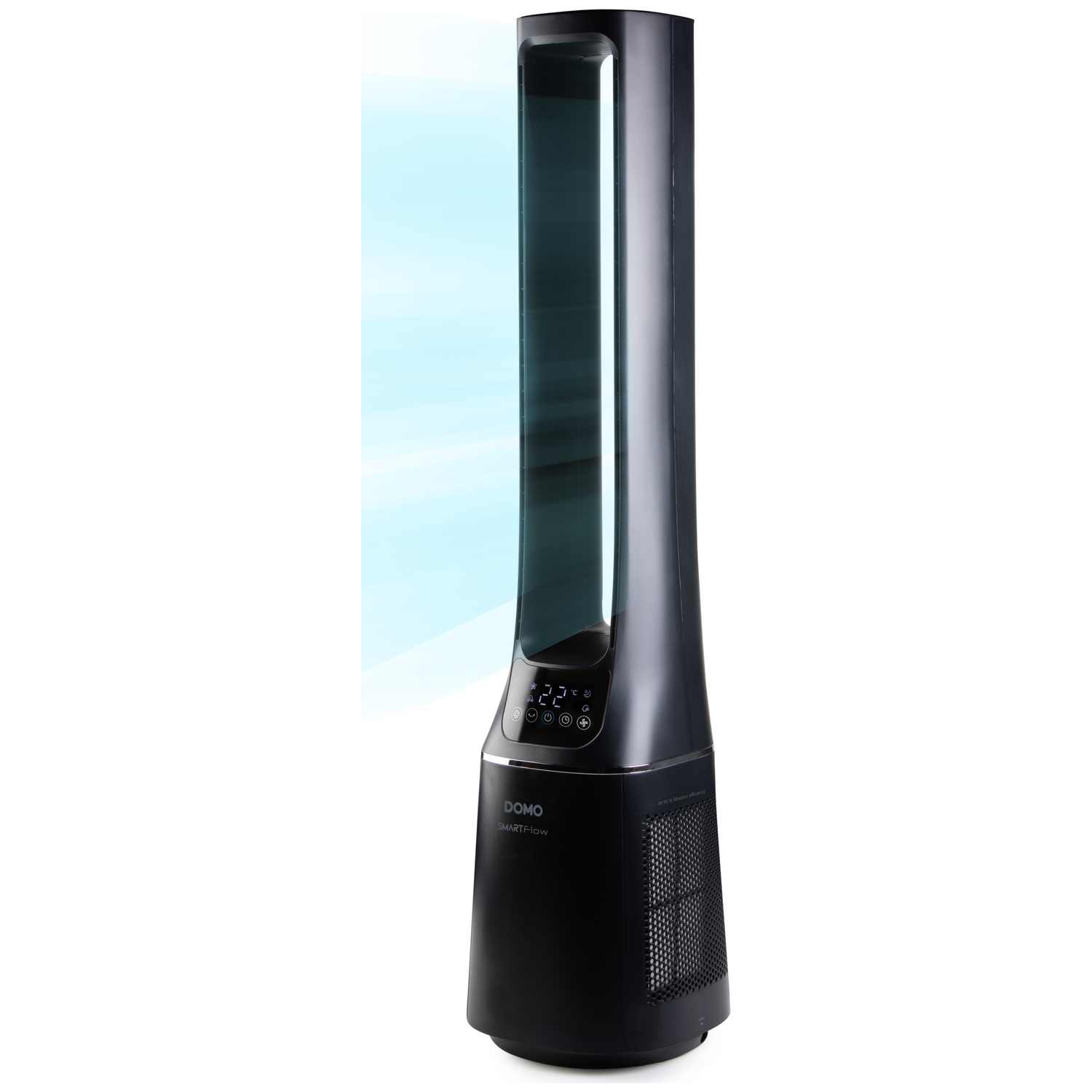 Zwarte torenventilator met digitaal display en blauwe luchtstroom.