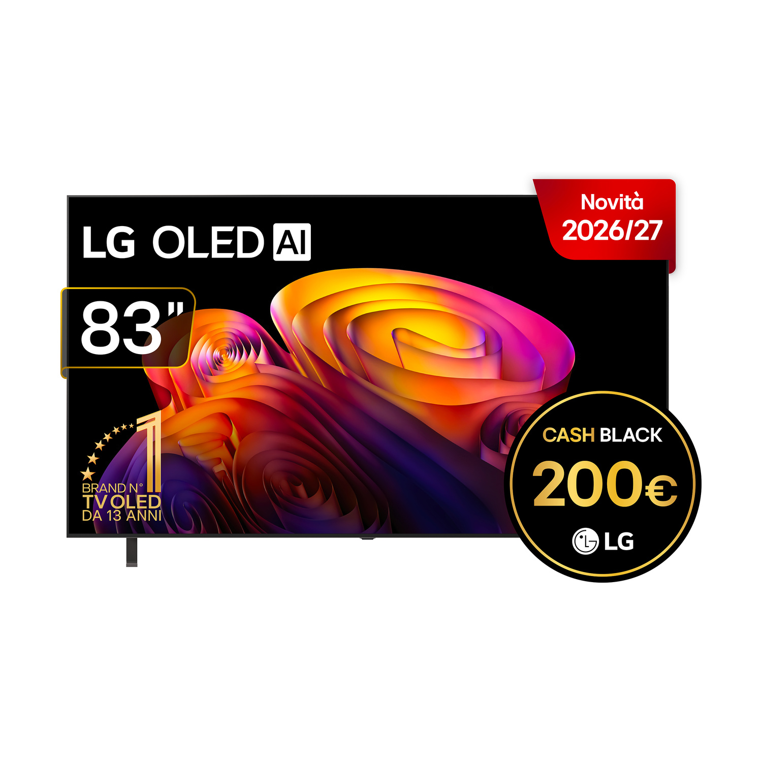 TV LG OLED 83 pollici con design astratto colorato e offerte.