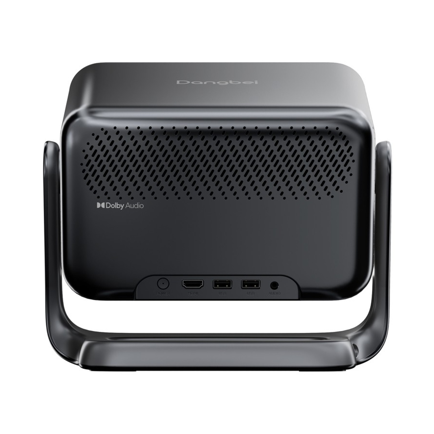 Proiettore nero con Dolby Audio su sfondo bianco.