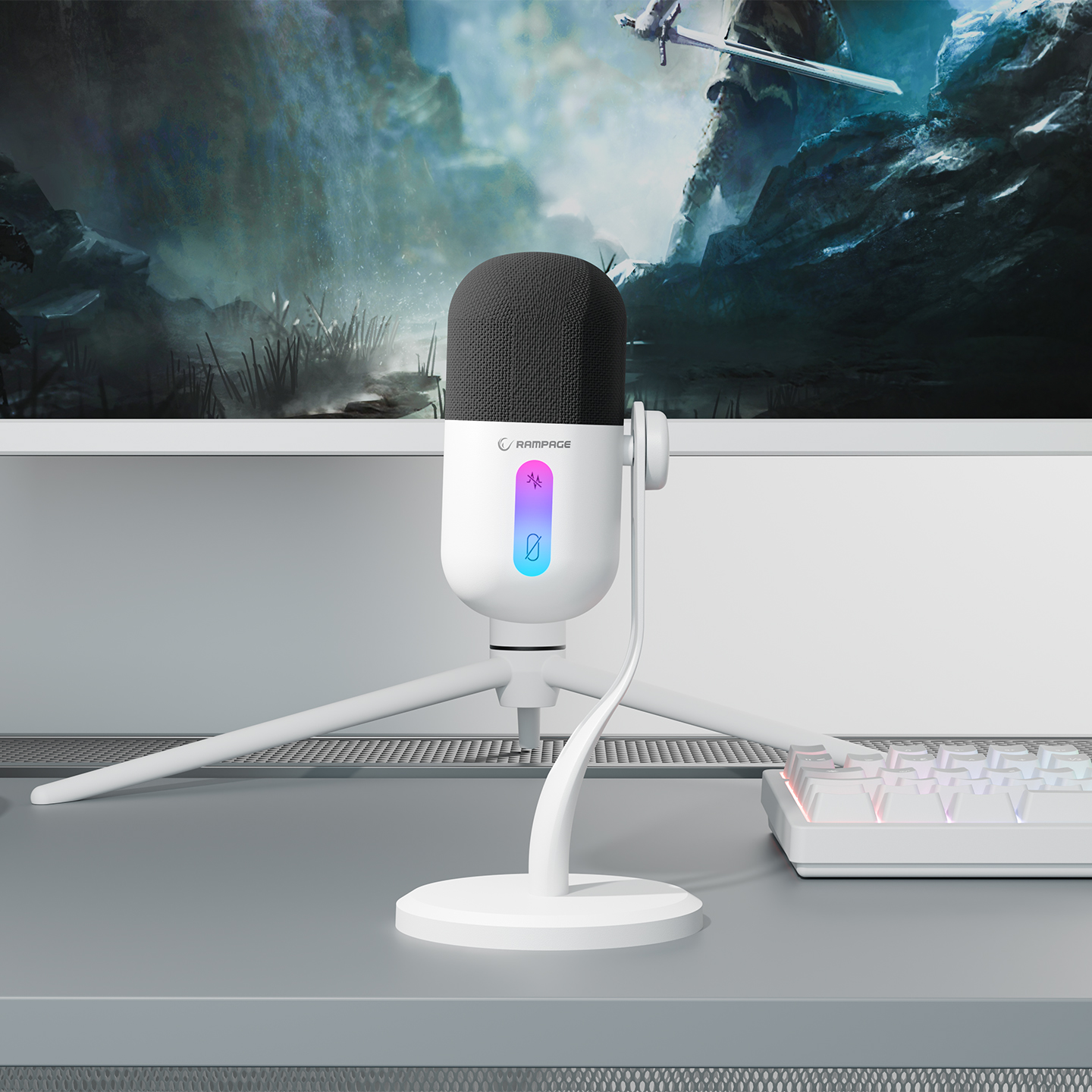 Stand üzerinde RGB ışıklı beyaz mikrofon, klavyenin yanında. Oyun ekranı arka planı.