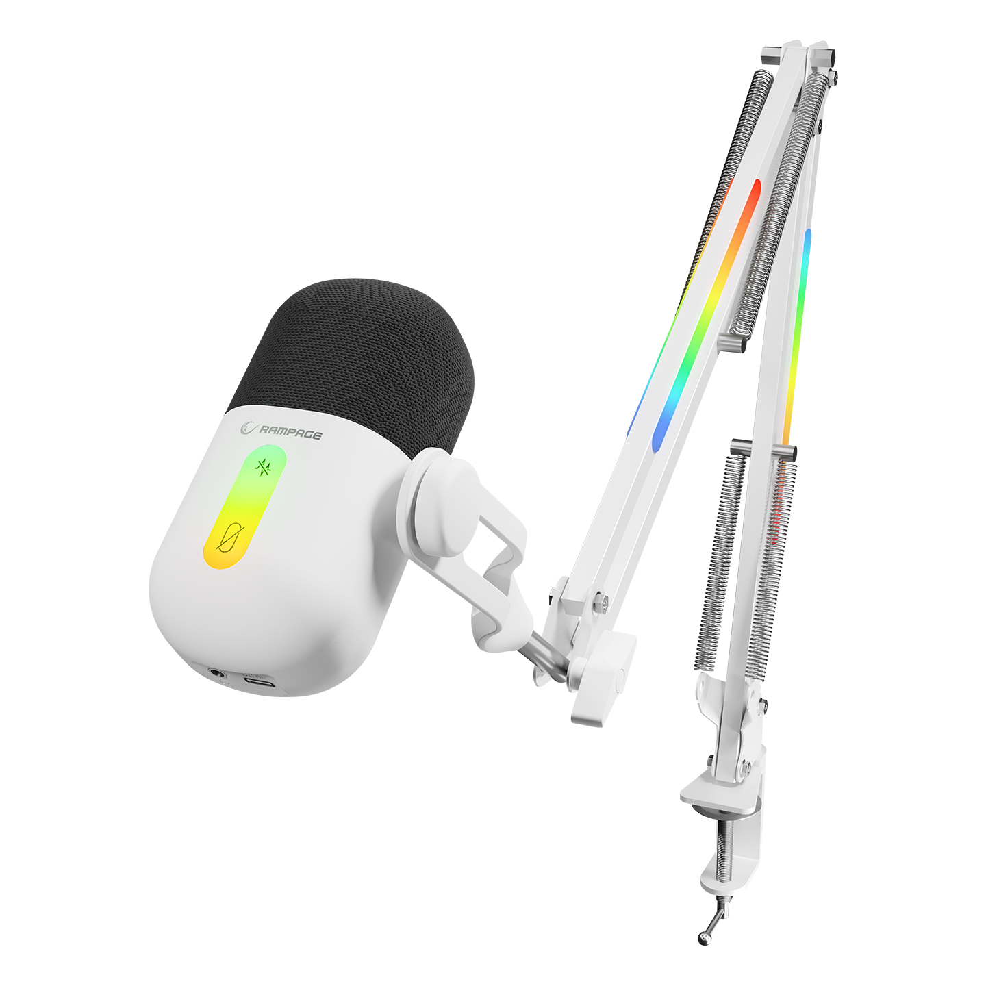 Beyaz arka plan üzerinde ayarlanabilir kollu ve RGB aydınlatmalı beyaz mikrofon.