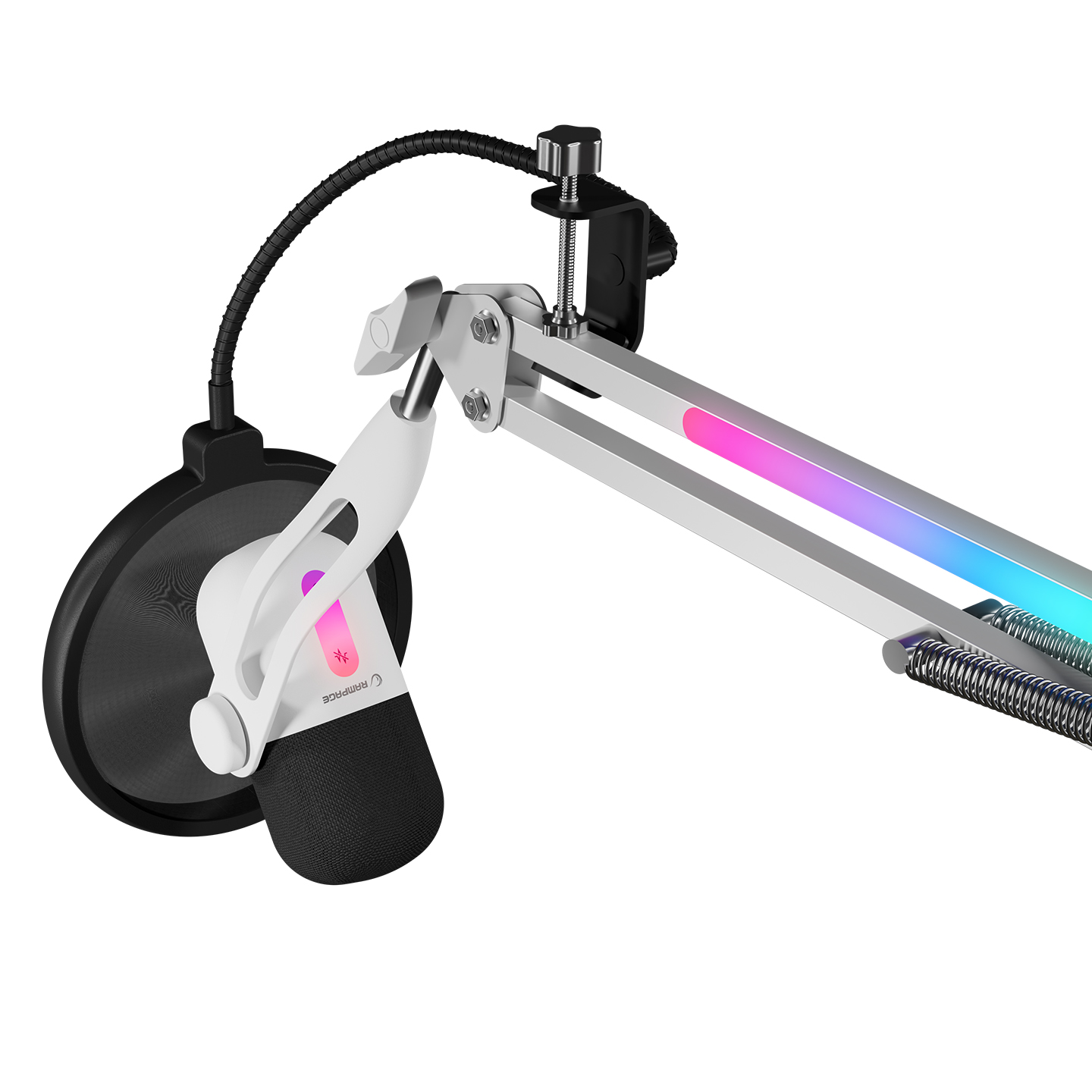Siyah mikrofonlu ve pop filtreli beyaz mikrofon kolu, RGB aydınlatmalı.