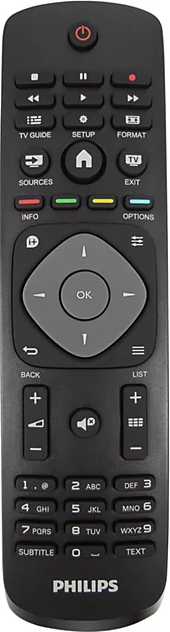 Egy fekete Philips TV távirányító gombokkal az áramellátáshoz, navigációhoz, számokhoz és funkciókhoz.