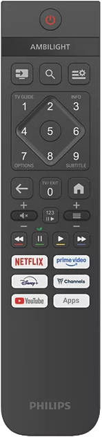 Sötét távirányító gombokkal Netflix, Prime Video, YouTube, Disney+, Channels és Apps felirattal.
