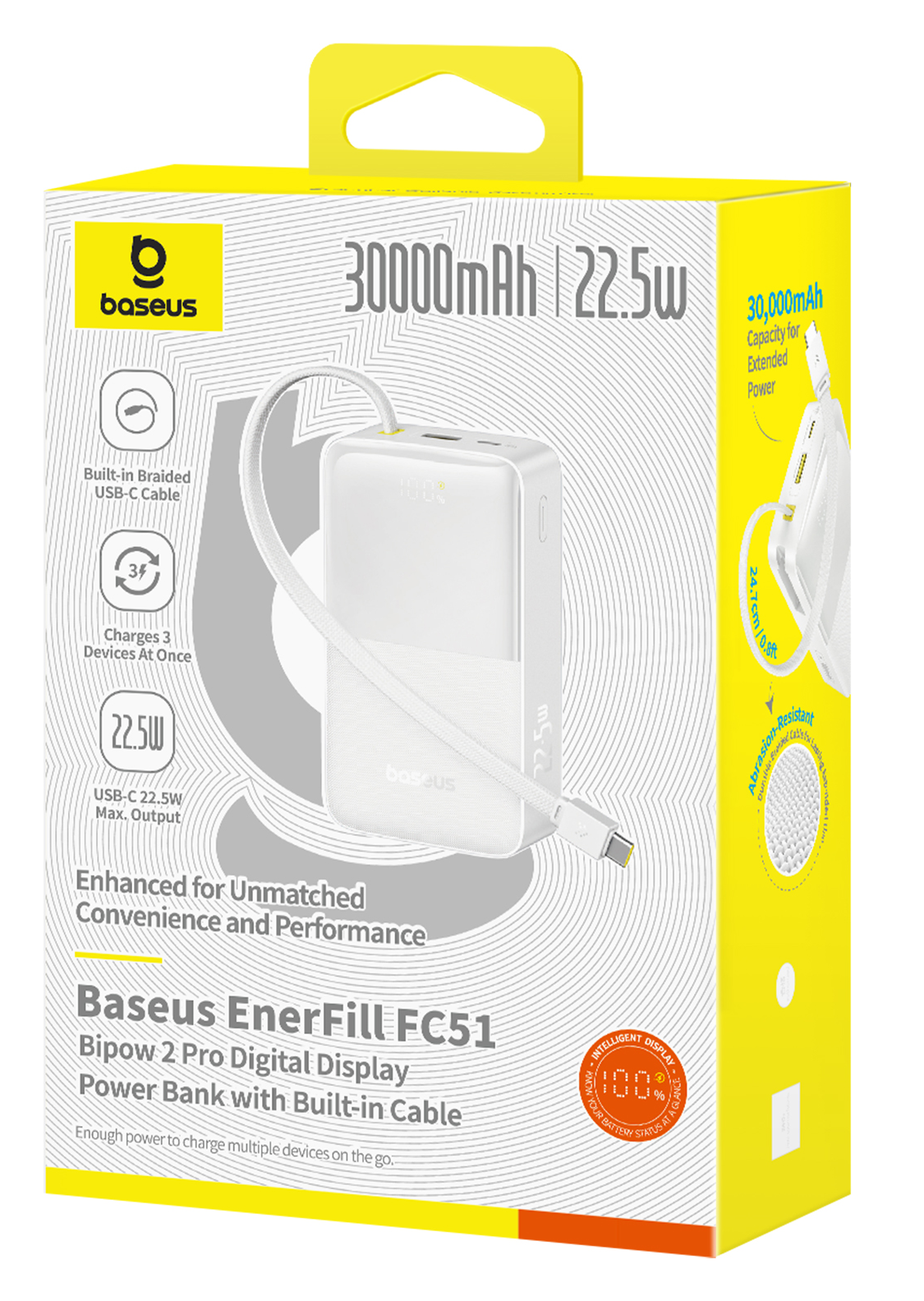 Fehér 30000mAh 22,5W power bank beépített USB-C kábellel.