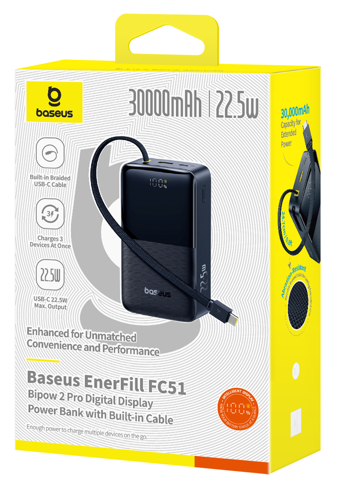 Baseus 30000mAh powerbank 22.5W, beépített USB-C kábellel és digitális kijelzővel.