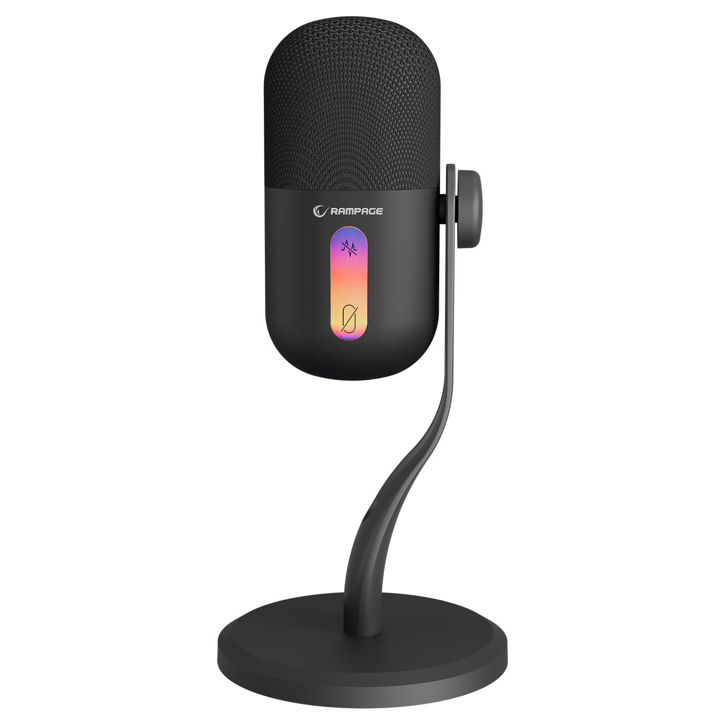 RGB aydınlatmalı siyah kondenser mikrofon stant üzerinde.