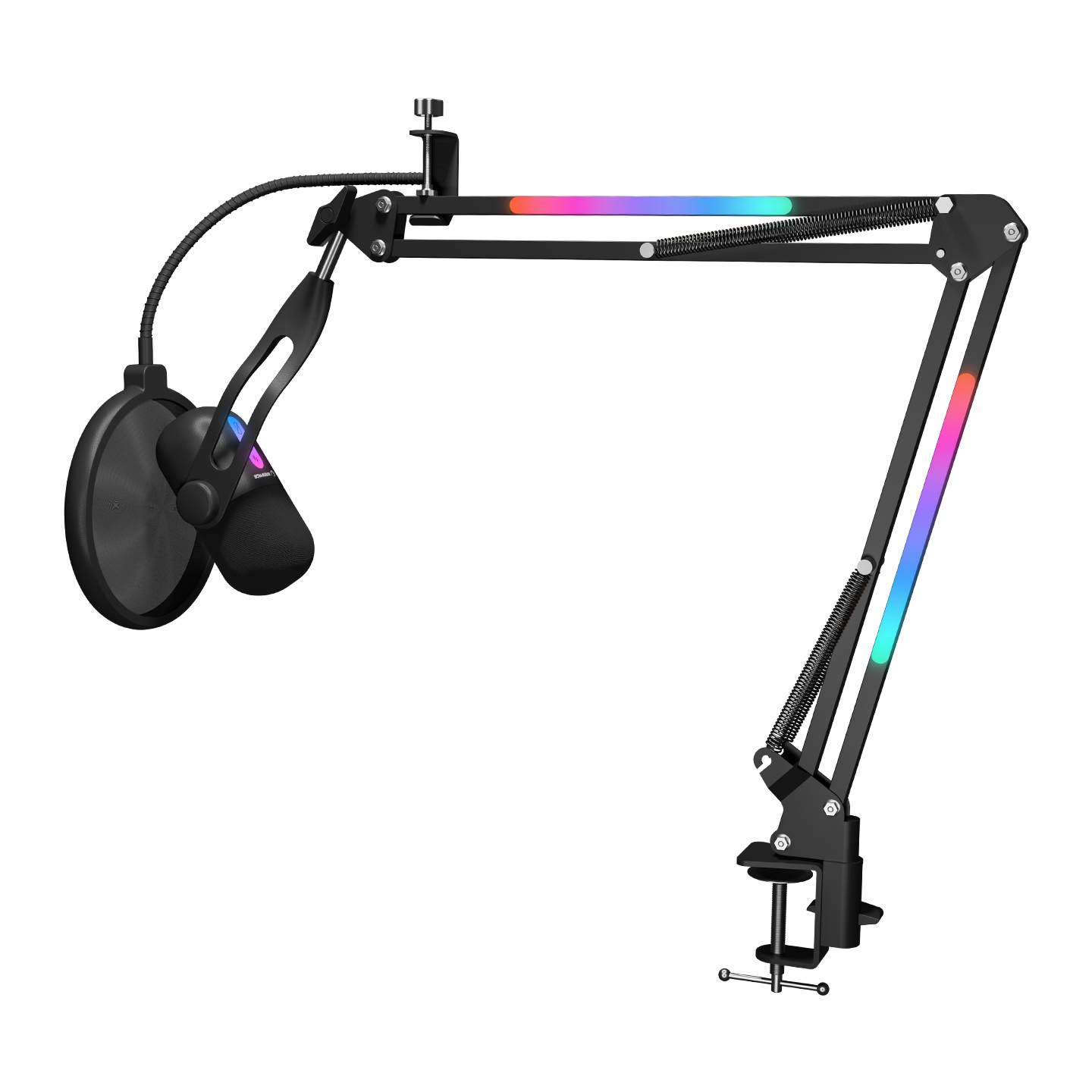 RGB aydınlatmalı siyah mikrofon kolu ve masa kelepçesi.