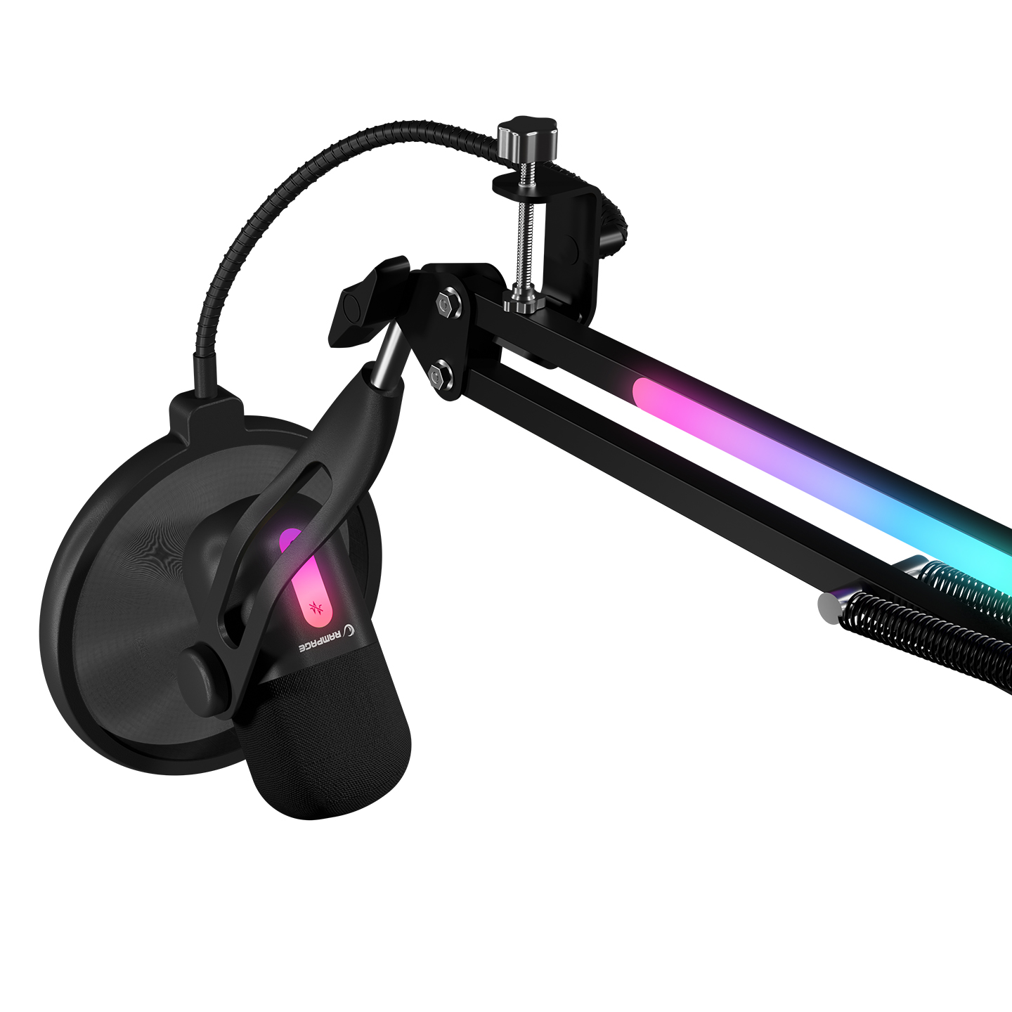 Beyaz arka plan üzerinde RGB aydınlatmalı mikrofon ve makas kollu.